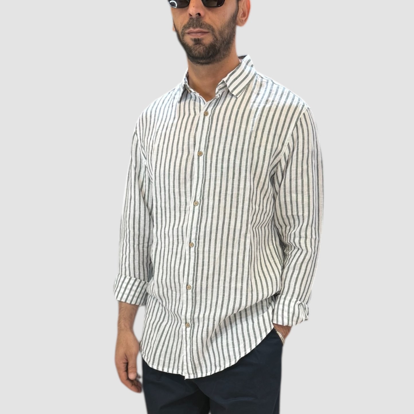 CAMICIA BACCHETTA 100% LINO VERDE LANDEK