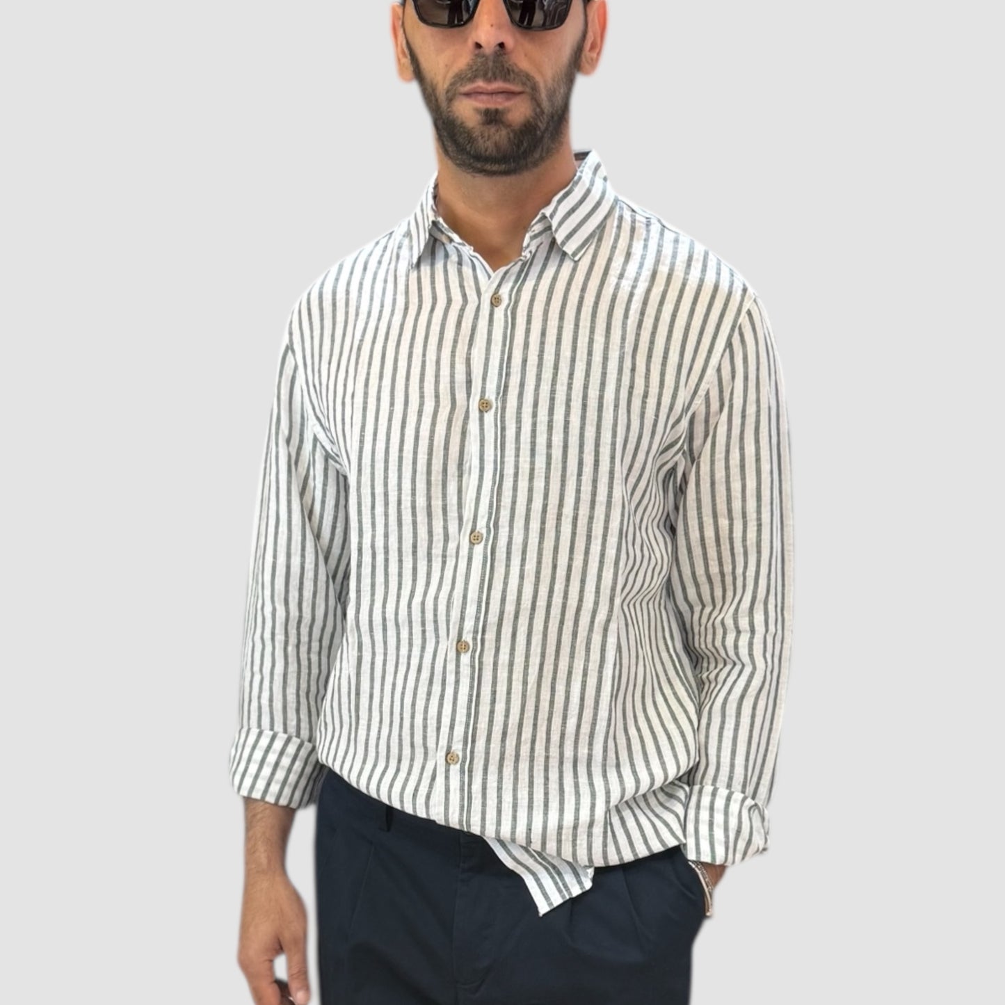 CAMICIA BACCHETTA 100% LINO VERDE LANDEK