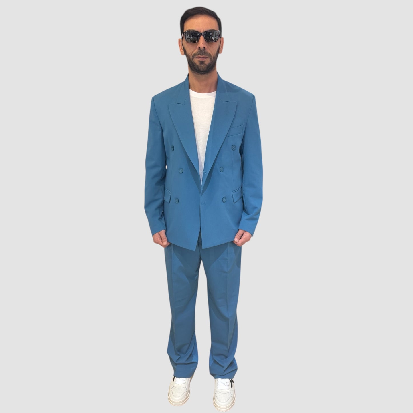 ABITO DOPPIOPETTO PANTALONE FONDO AMPIO PETROLIO NJB